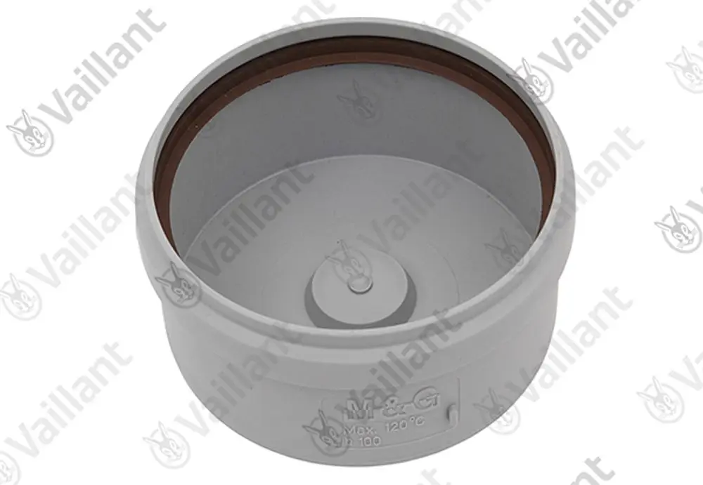 Grauer Deckel mit grauer Gummidichtung im Inneren, geeignet für eine Rohrverbindung. Marke Vaillant, einfaches Design ohne zusätzliche Merkmale.